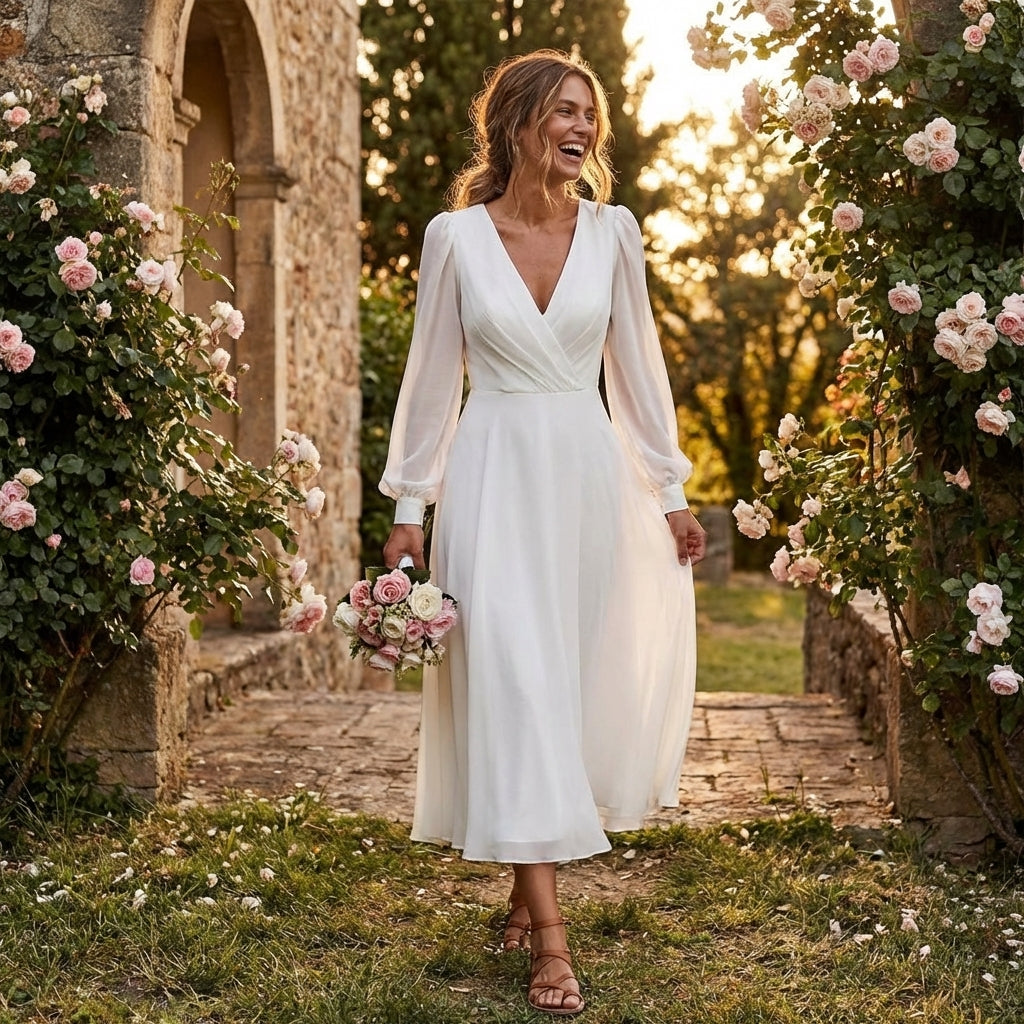 Alina | Women’s Day Maxi Dress With V-Neck Design And Long Puff Sleeves | Elegant