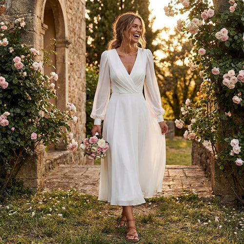 Alina | Women’s Day Maxi Dress With V-Neck Design And Long Puff Sleeves | Elegant