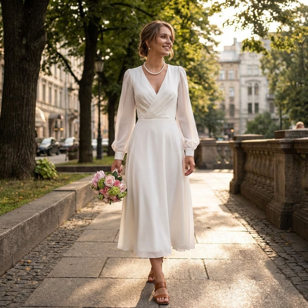 Alina | Women’s Day Maxi Dress With V-Neck Design And Long Puff Sleeves | Elegant