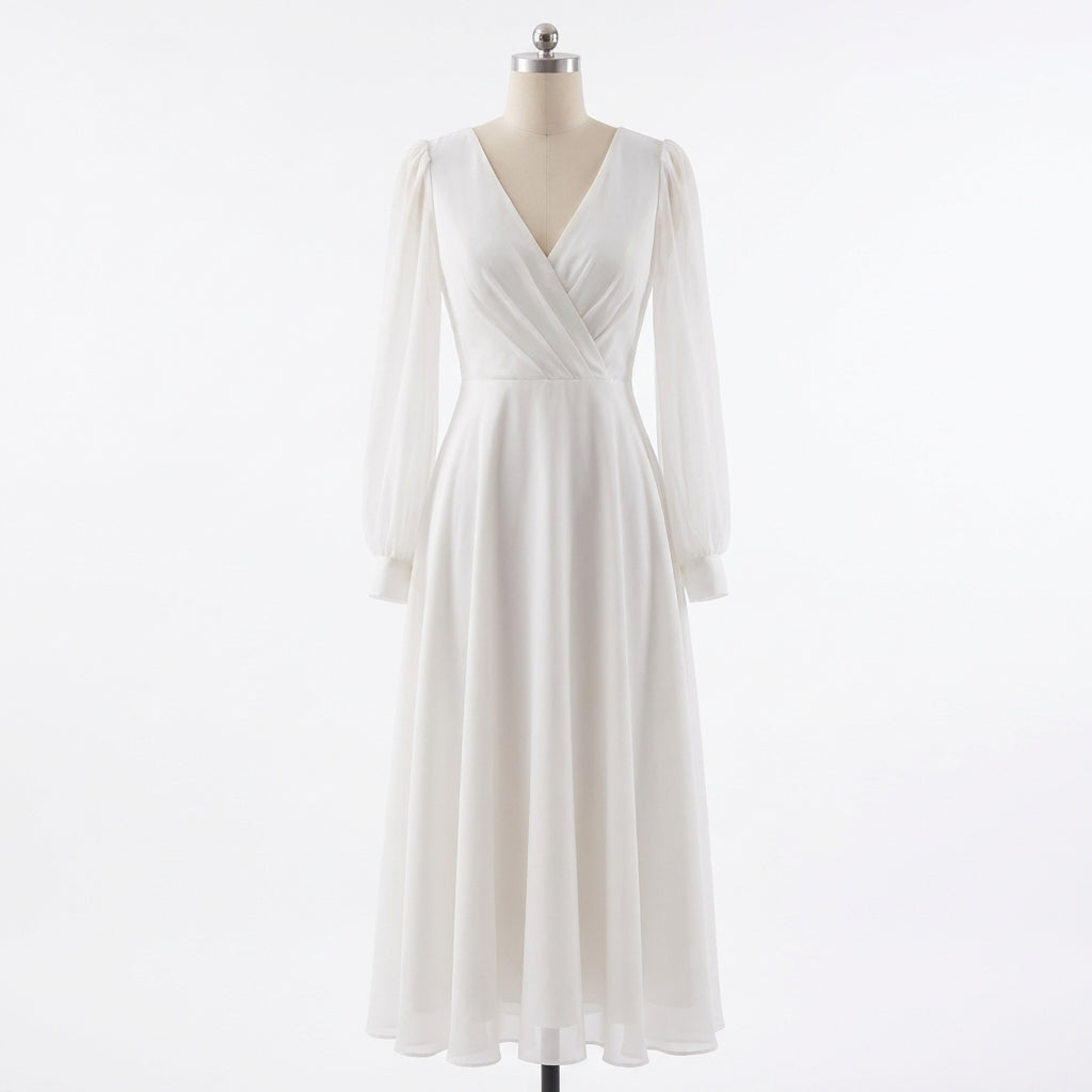 Alina | Women’s Day Maxi Dress With V-Neck Design And Long Puff Sleeves | Elegant
