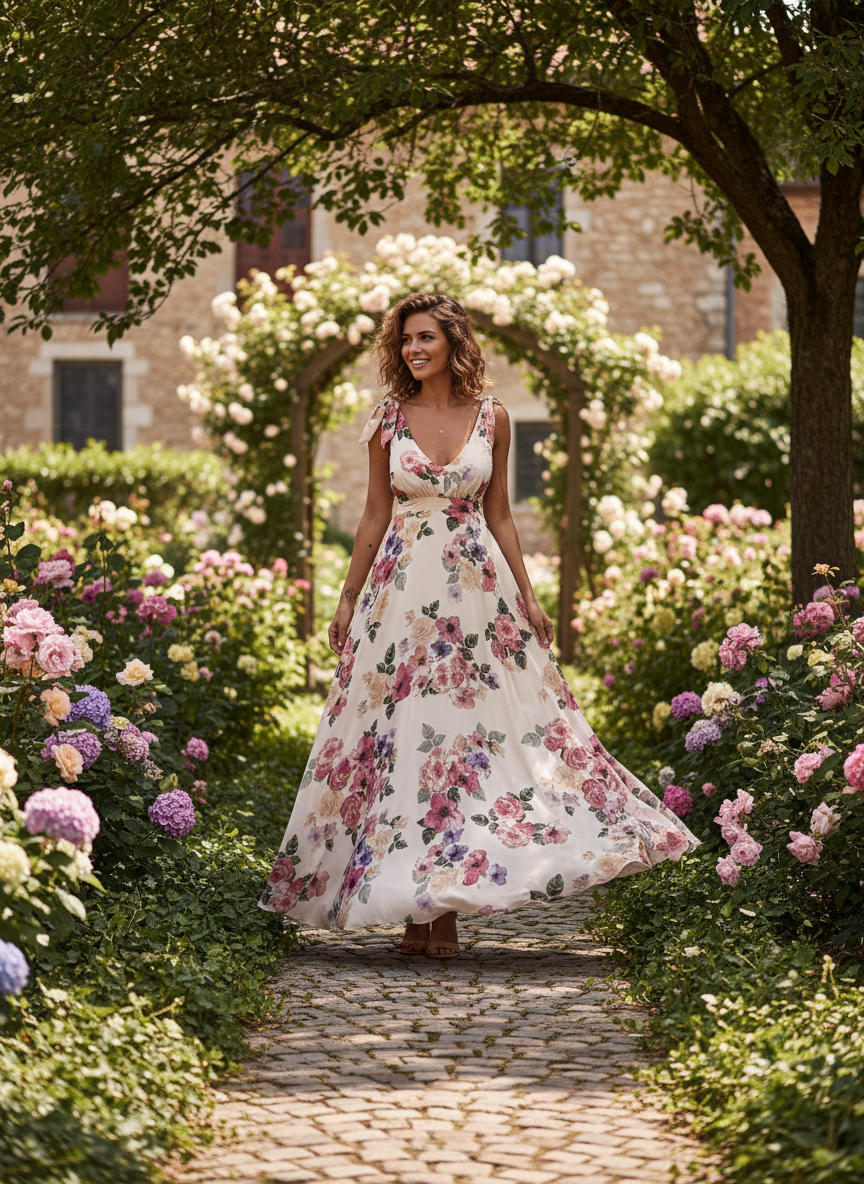 Amara | Women's Floral Maxi Dress With Cape Sleeve Design And Waist Tie