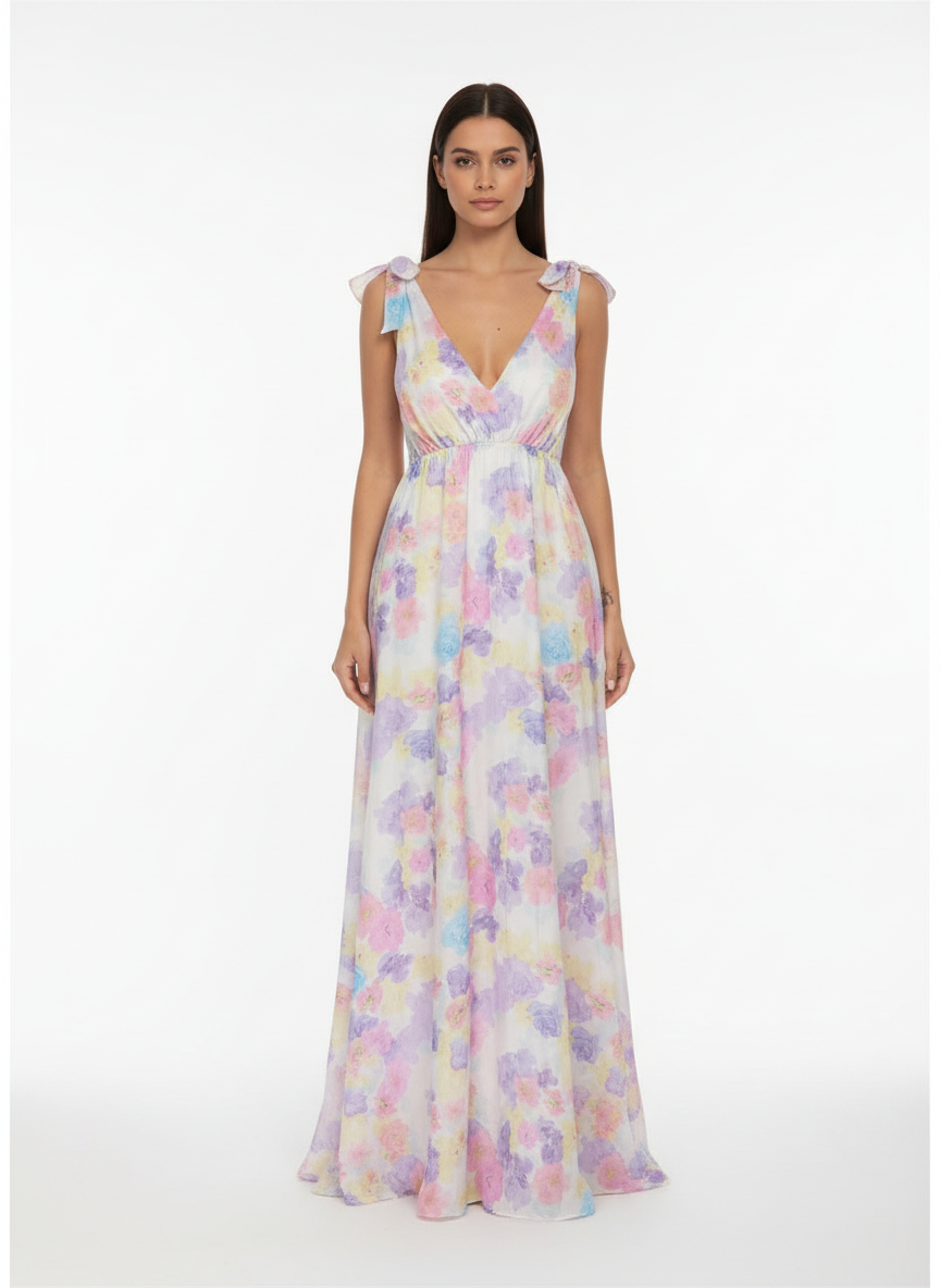 Amara | Women's Floral Maxi Dress With Cape Sleeve Design And Waist Tie