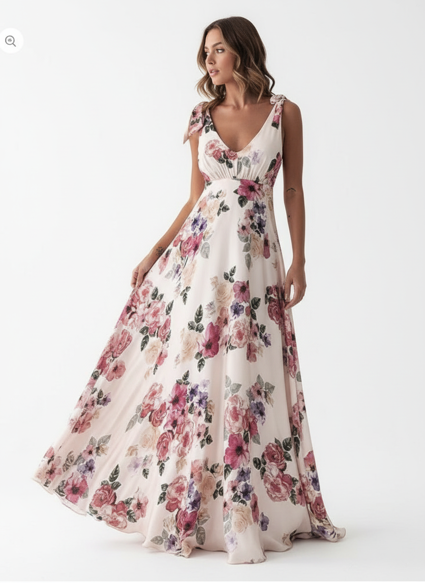 Amara | Women's Floral Maxi Dress With Cape Sleeve Design And Waist Tie