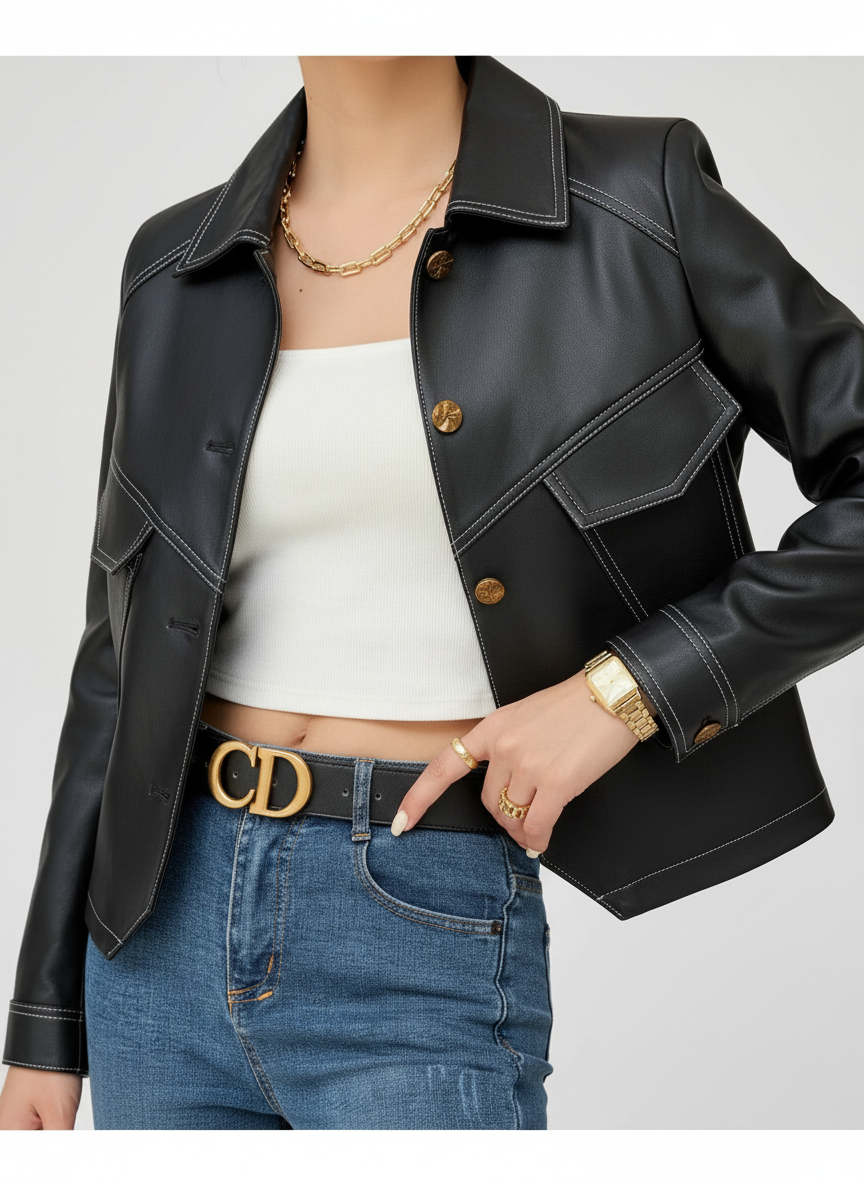 Amara | Women's Leather Jacket With Quilted Shoulder Design And Zip Front