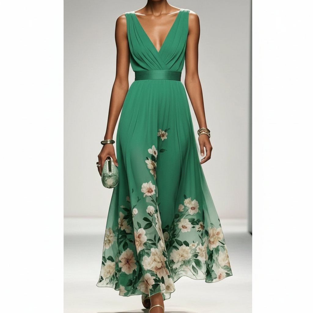 Amara | Women's Wedding Maxi Guest Dress With Printed Floral Design And Flutter Sleeves