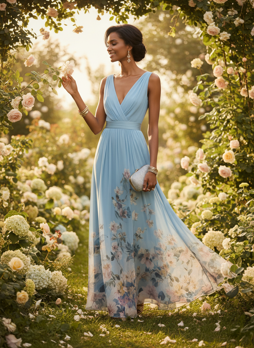 Amara | Women's Wedding Maxi Guest Dress With Printed Floral Design And Flutter Sleeves