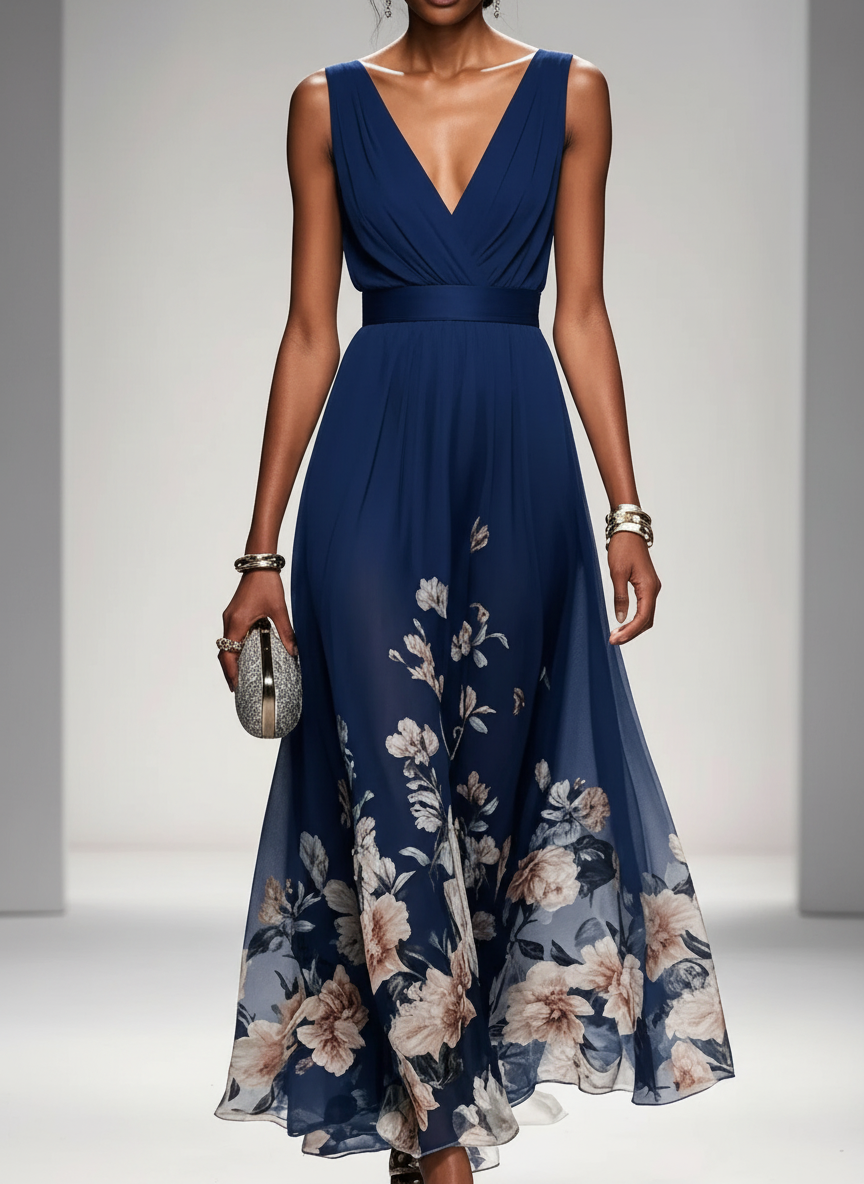 Amara | Women's Wedding Maxi Guest Dress With Printed Floral Design And Flutter Sleeves