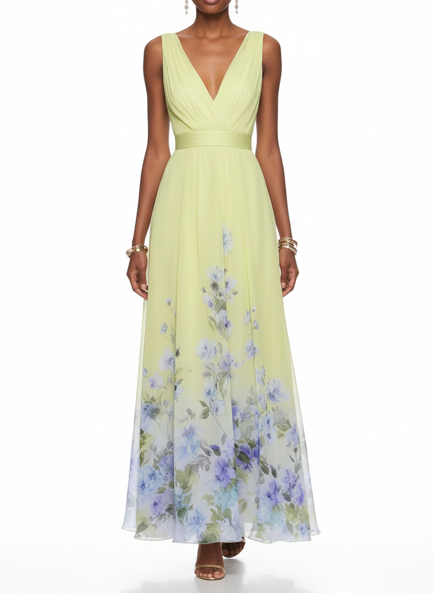 Amara | Women's Wedding Maxi Guest Dress With Printed Floral Design And Flutter Sleeves