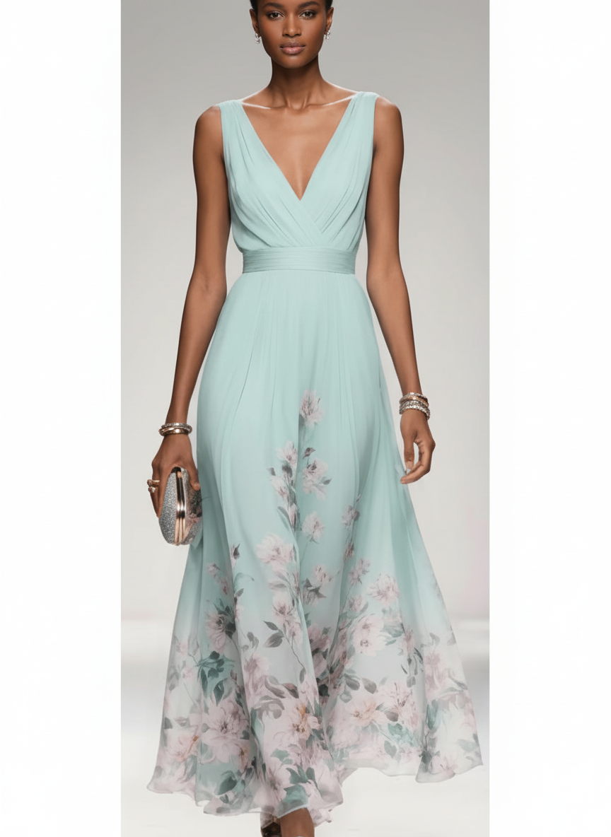 Amara | Women's Wedding Maxi Guest Dress With Printed Floral Design And Flutter Sleeves