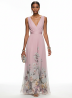Amara | Women's Wedding Maxi Guest Dress With Printed Floral Design And Flutter Sleeves
