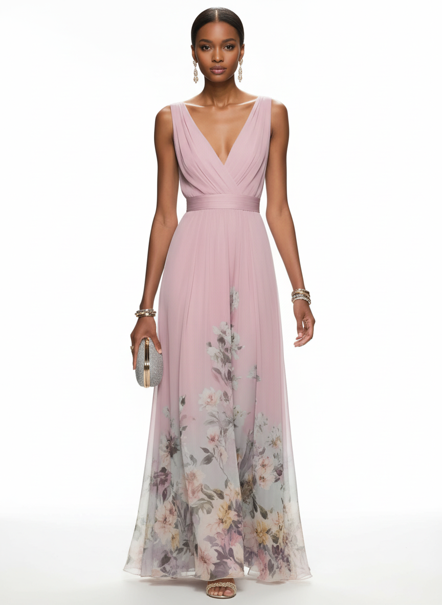 Amara | Women's Wedding Maxi Guest Dress With Printed Floral Design And Flutter Sleeves