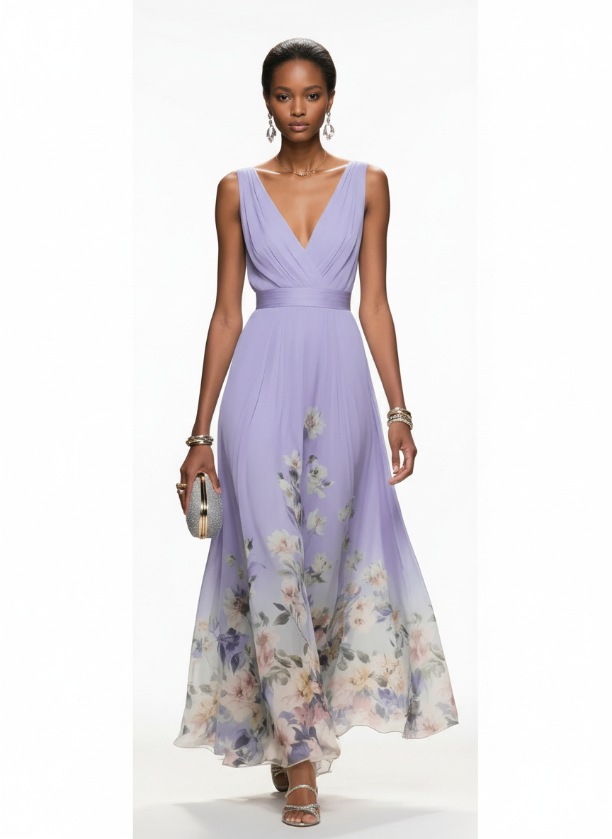 Amara | Women's Wedding Maxi Guest Dress With Printed Floral Design And Flutter Sleeves