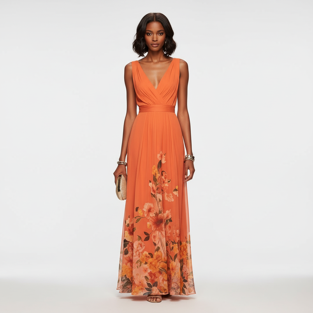 Amara | Women's Wedding Maxi Guest Dress With Printed Floral Design And Flutter Sleeves