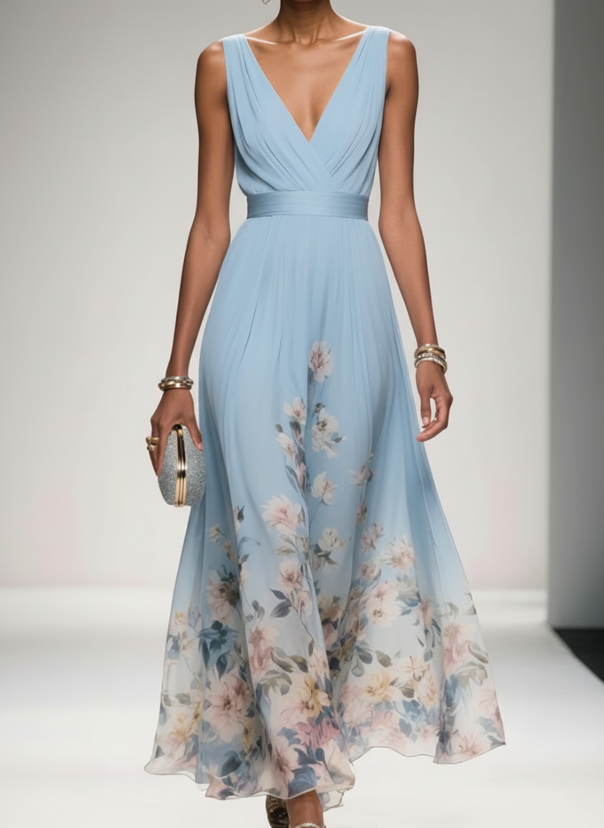 Amara | Women's Wedding Maxi Guest Dress With Printed Floral Design And Flutter Sleeves