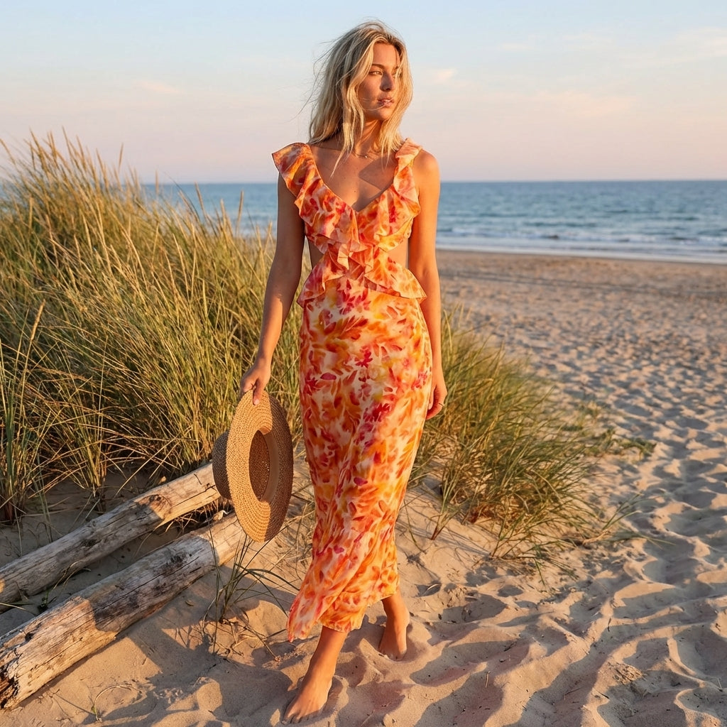 Amelia | Women’s Day Maxi Dress With Floral Print And Ruffle Neckline | Summer