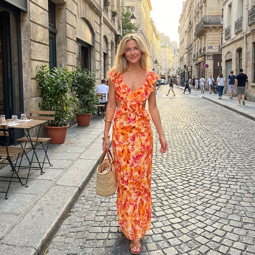 Amelia | Women’s Day Maxi Dress With Floral Print And Ruffle Neckline | Summer