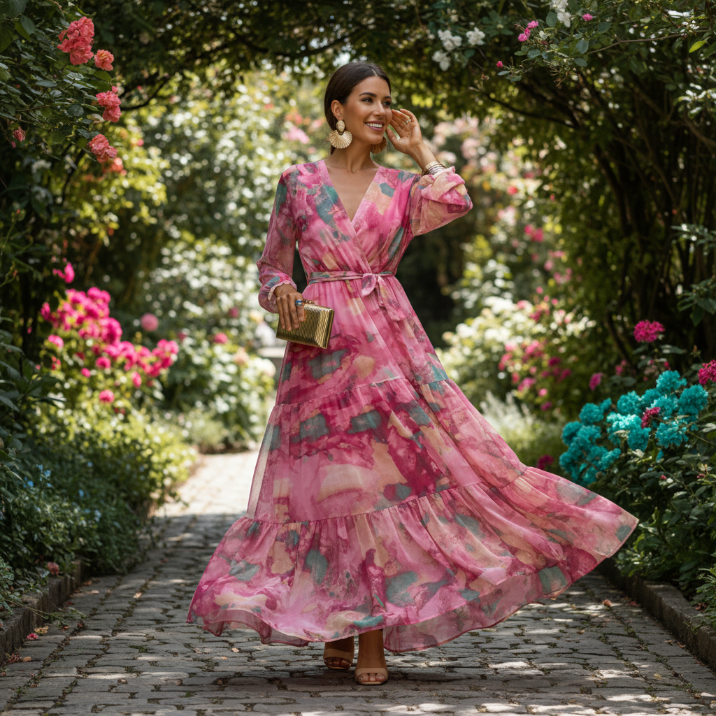 Amelia | Women’s Floral Maxi Dress With V Neckline And Waist Tie Belt | Elegant