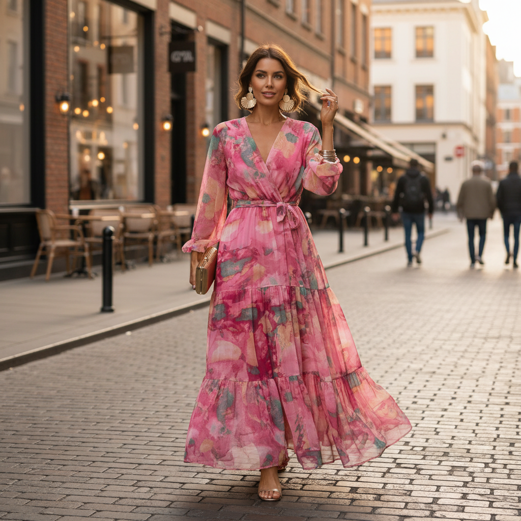 Amelia | Women’s Floral Maxi Dress With V Neckline And Waist Tie Belt | Elegant