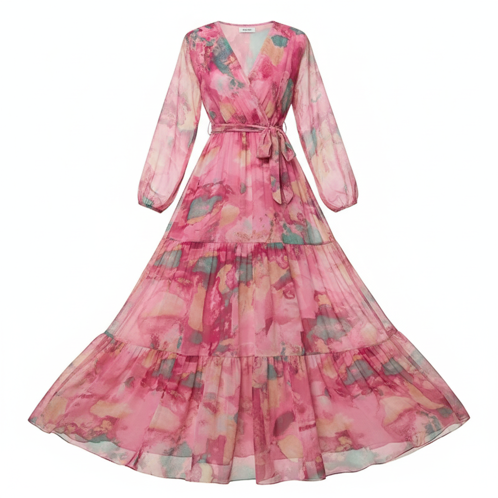 Amelia | Women’s Floral Maxi Dress With V Neckline And Waist Tie Belt | Elegant