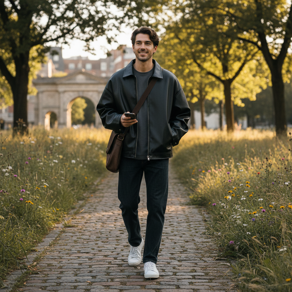 Ava | Men's Leather Jacket With Zip Closure And Point Collar | Minimalist