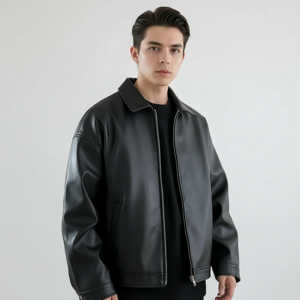 Ava | Men's Leather Jacket With Zip Closure And Point Collar | Minimalist