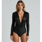 Ava | Women's Bodysuit With Deep V-Neck And Sequin Texture | Glamorous