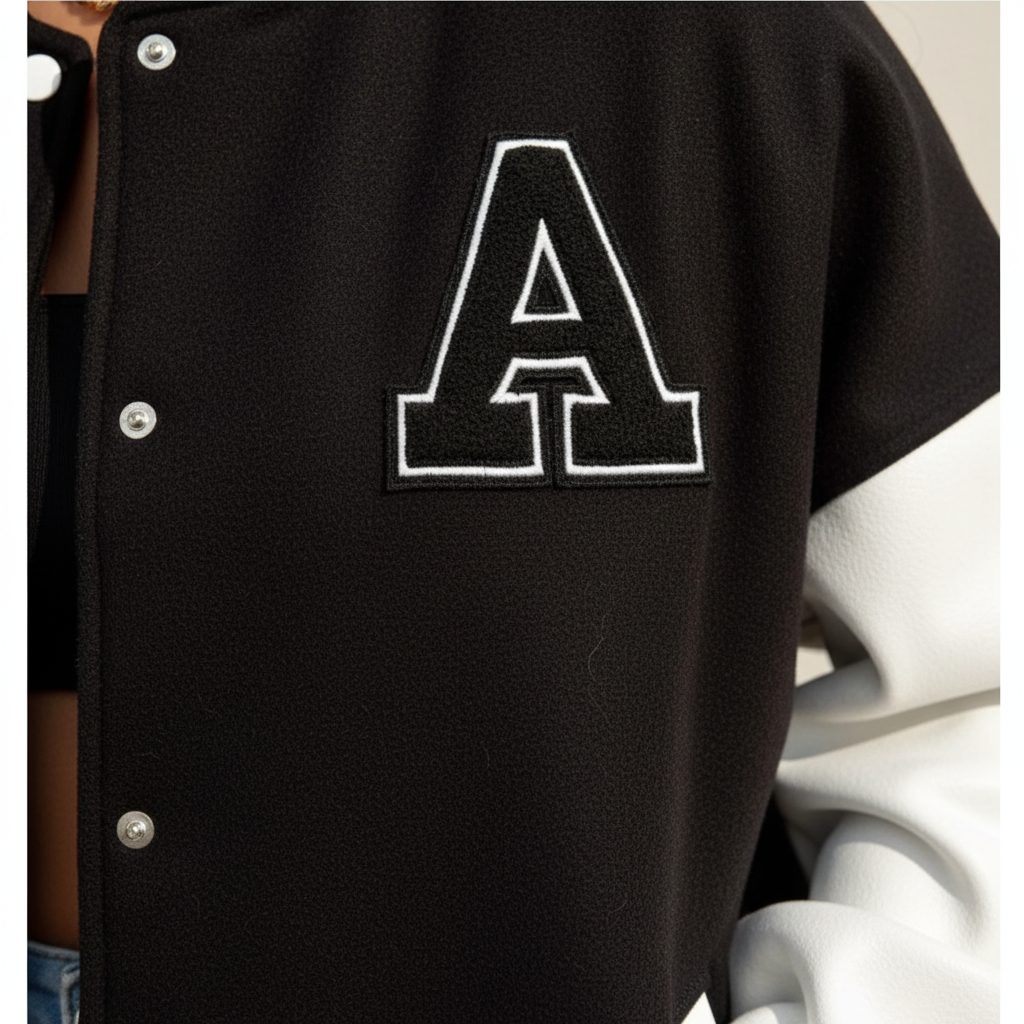 Ava | Women's Bomber Jacket With Snap Button Closure And Letter Patch | Casual