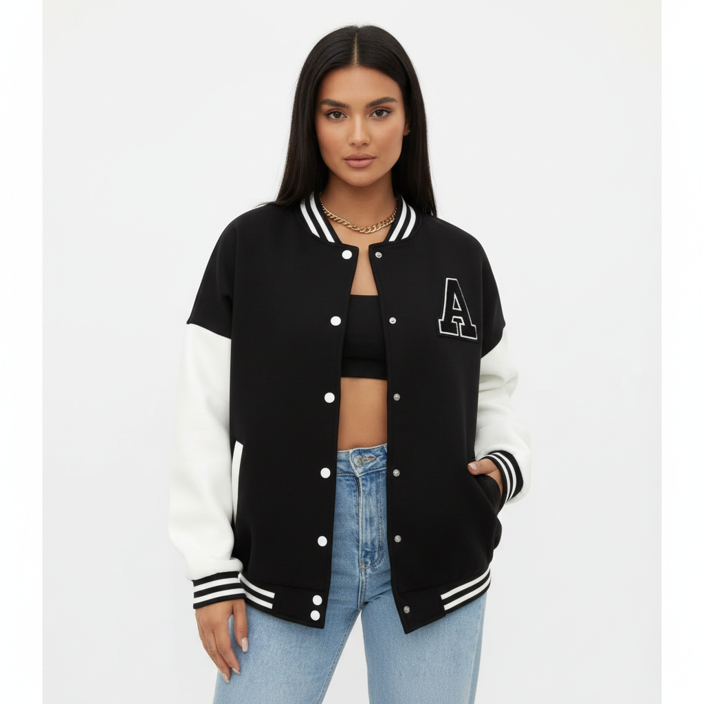 Ava | Women's Bomber Jacket With Snap Button Closure And Letter Patch | Casual