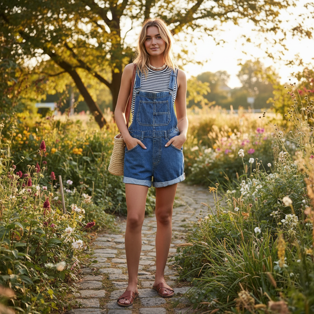 Ava | Women's Denim Shorts With Bib Front And Rolled Hem | Casual