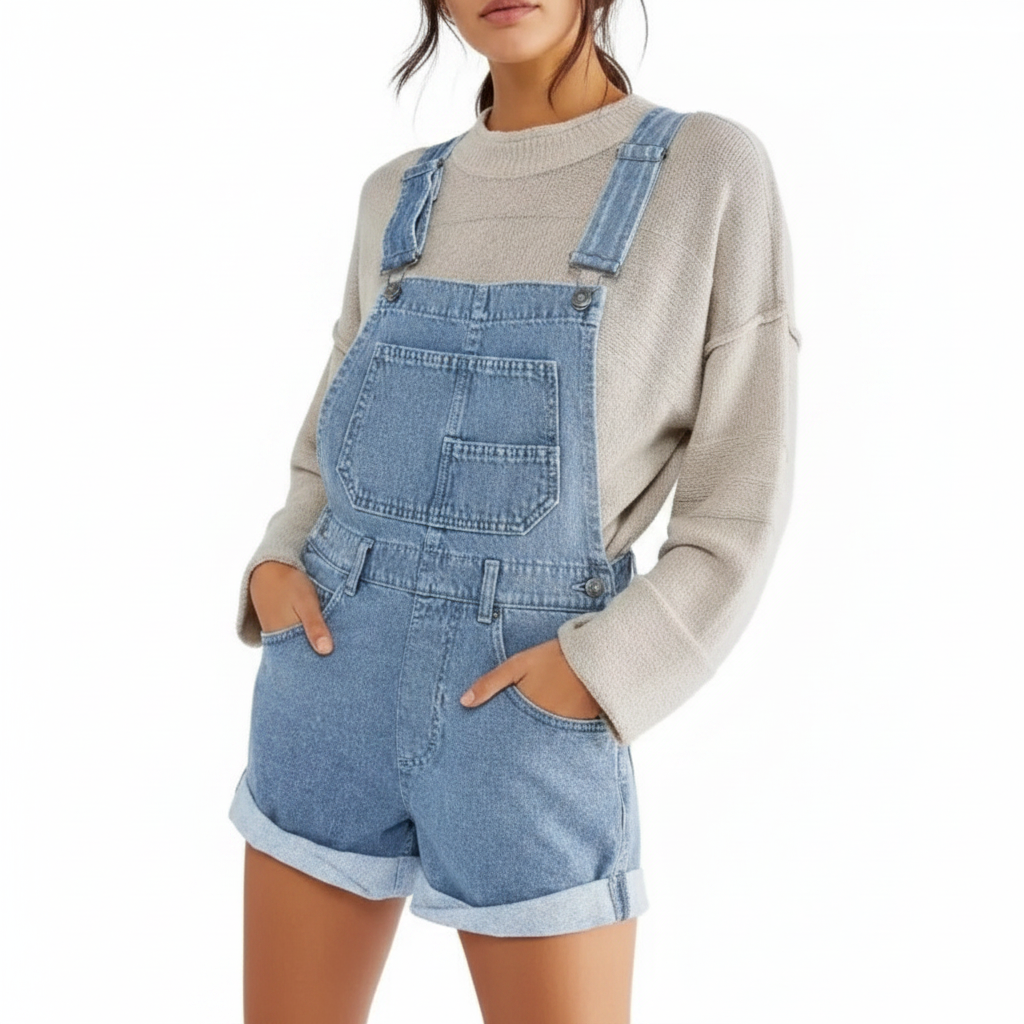Ava | Women's Denim Shorts With Bib Front And Rolled Hem | Casual