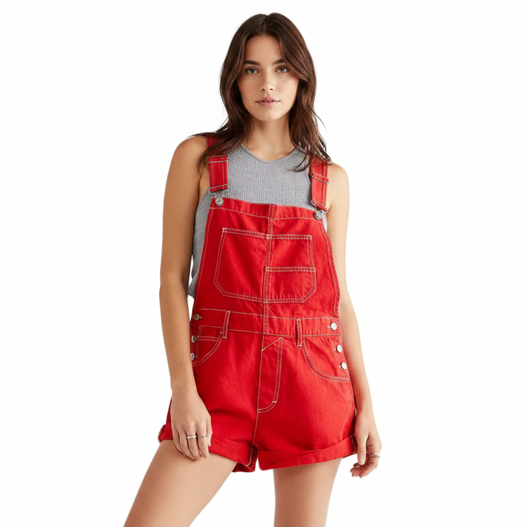 Ava | Women's Denim Shorts With Bib Front And Rolled Hem | Casual