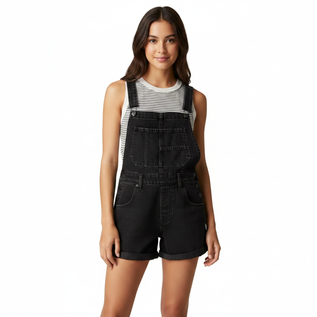 Ava | Women's Denim Shorts With Bib Front And Rolled Hem | Casual