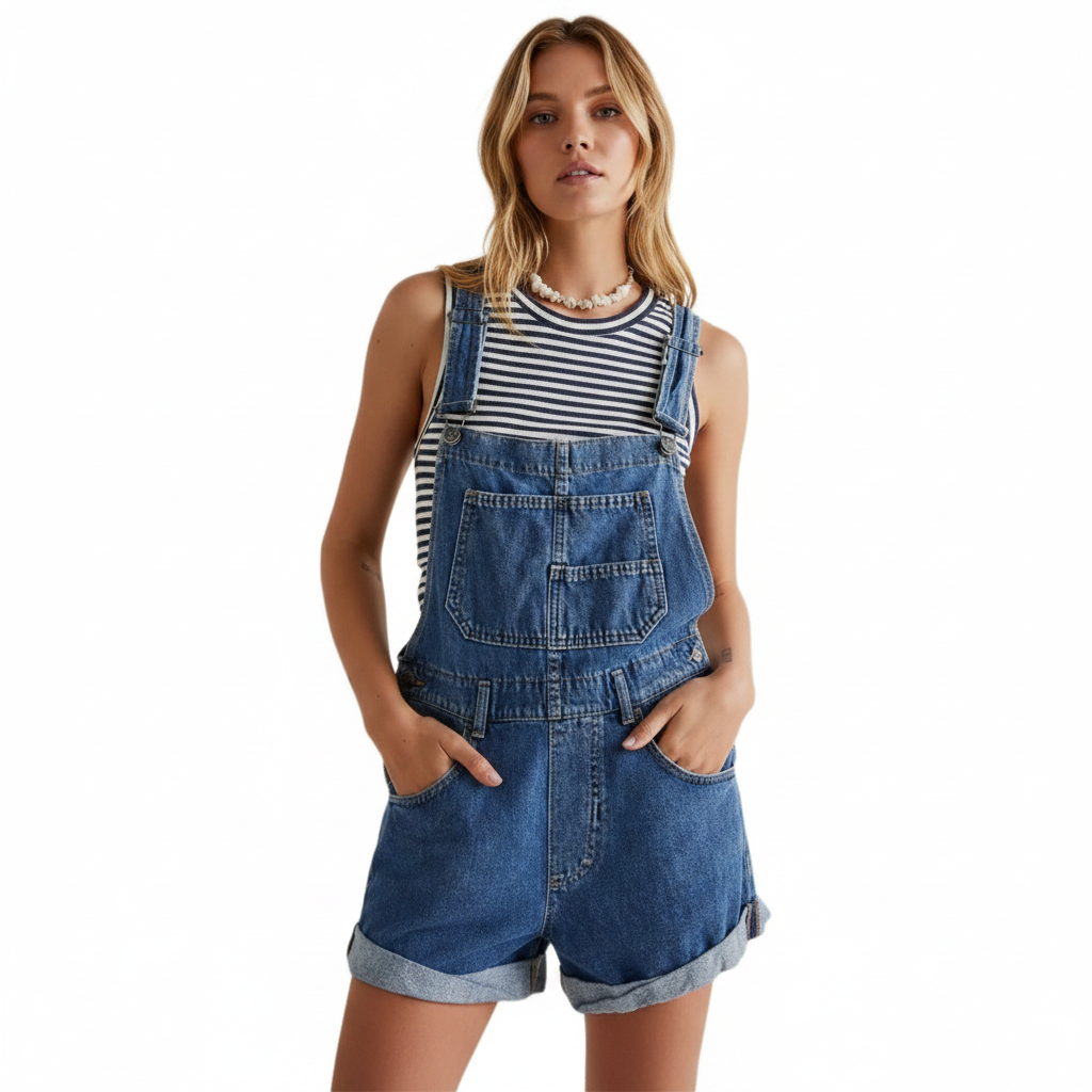 Ava | Women's Denim Shorts With Bib Front And Rolled Hem | Casual