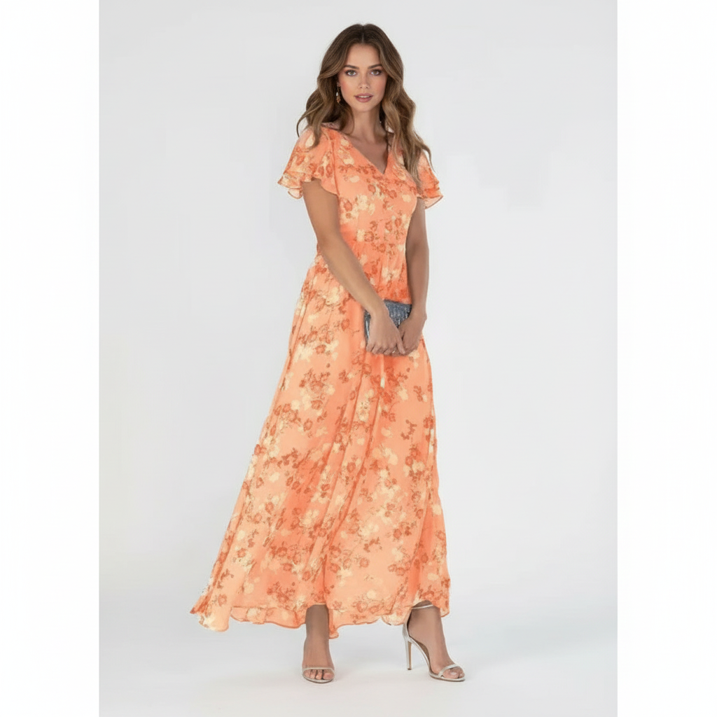 Ava | Women's Graduation Maxi Dress With V-Neckline And Flutter Sleeves | Elegant