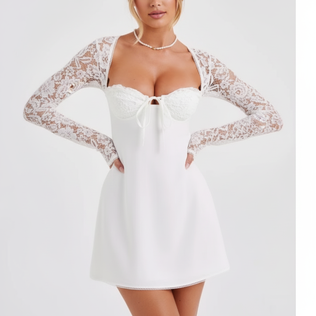Ava | Women's Lace Mini Dress With Sweetheart Neckline And Long Lace Sleeves | Glamorous