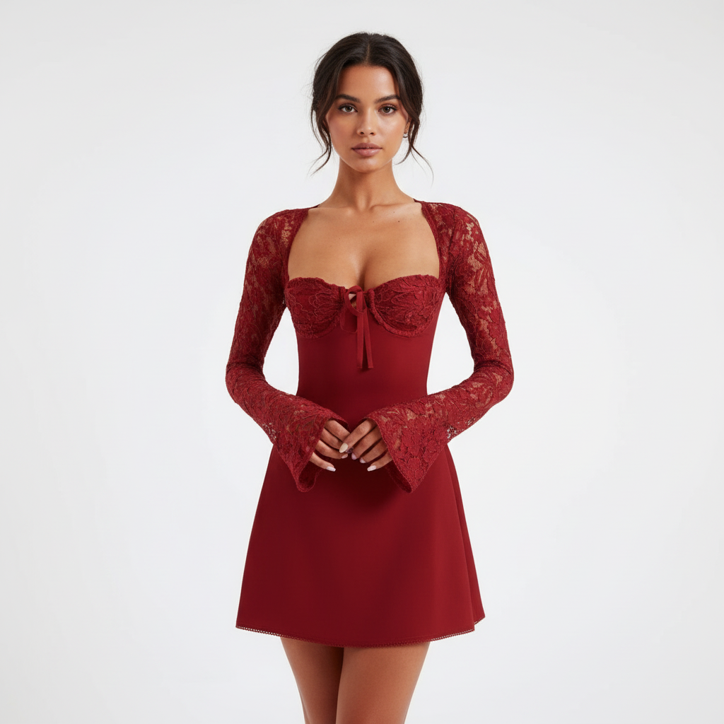 Ava | Women's Lace Mini Dress With Sweetheart Neckline And Long Lace Sleeves | Glamorous