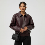 Ava | Women's Leather Jacket With Front Zip And Shirt Collar | Minimalist