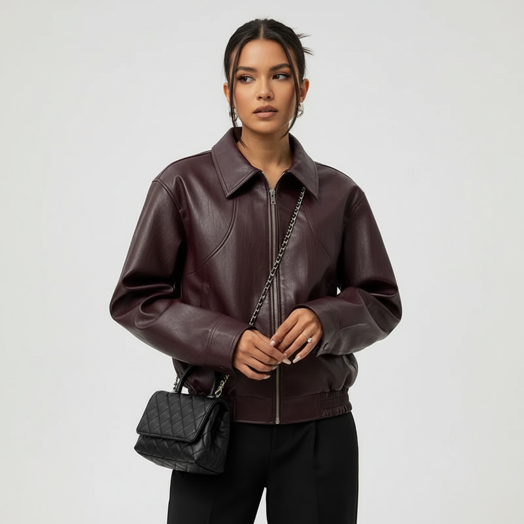 Ava | Women's Leather Jacket With Front Zip And Shirt Collar | Minimalist