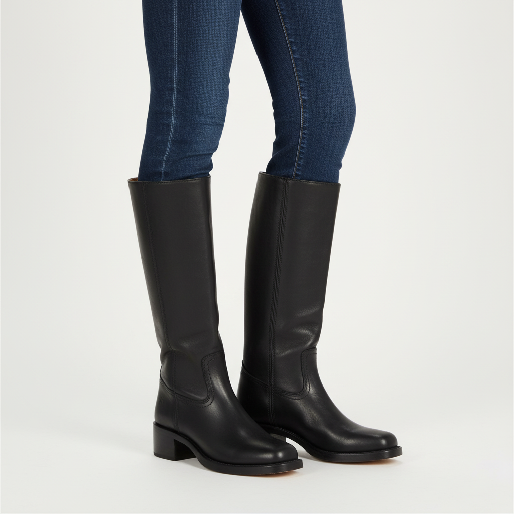 Ava | Women's Leather Knee-High Boots With Block Heel And Sleek Panel Design | Classic