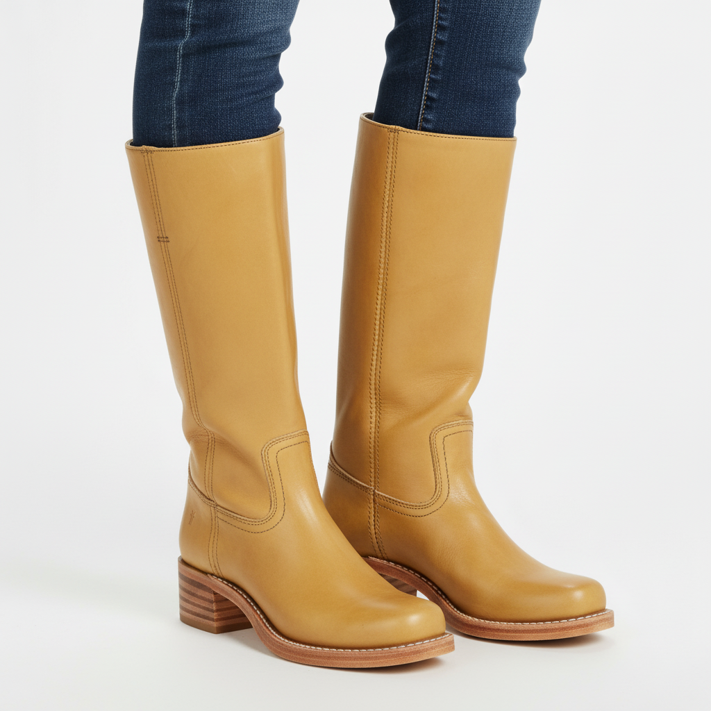 Ava | Women's Leather Knee-High Boots With Block Heel And Sleek Panel Design | Classic