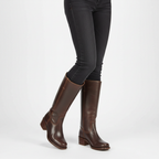 Ava | Women's Leather Knee-High Boots With Block Heel And Sleek Panel Design | Classic