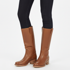Ava | Women's Leather Knee-High Boots With Block Heel And Sleek Panel Design | Classic