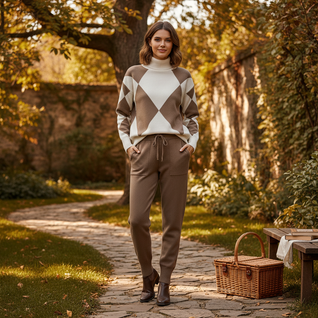 Ava | Women's Loungewear Set With High Neck And Diamond Pattern | Cozy