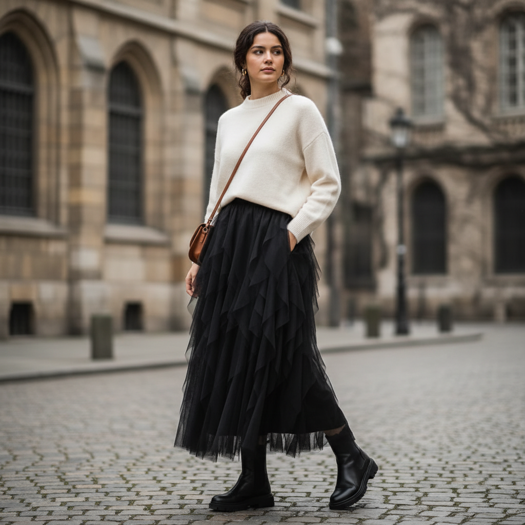 Ava | Women's Midi Skirt With Layered Tulle And Asymmetric Panels | Chic