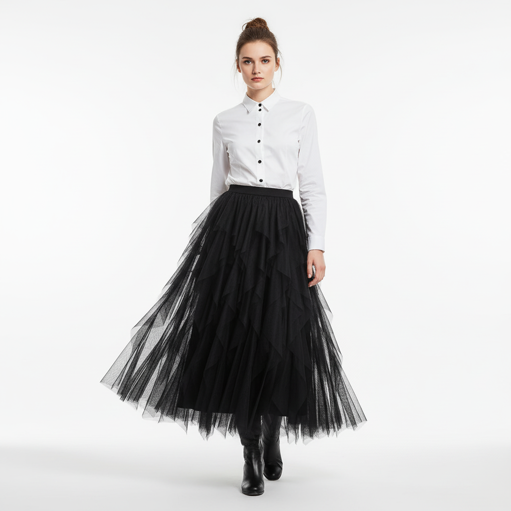 Ava | Women's Midi Skirt With Layered Tulle And Asymmetric Panels | Chic