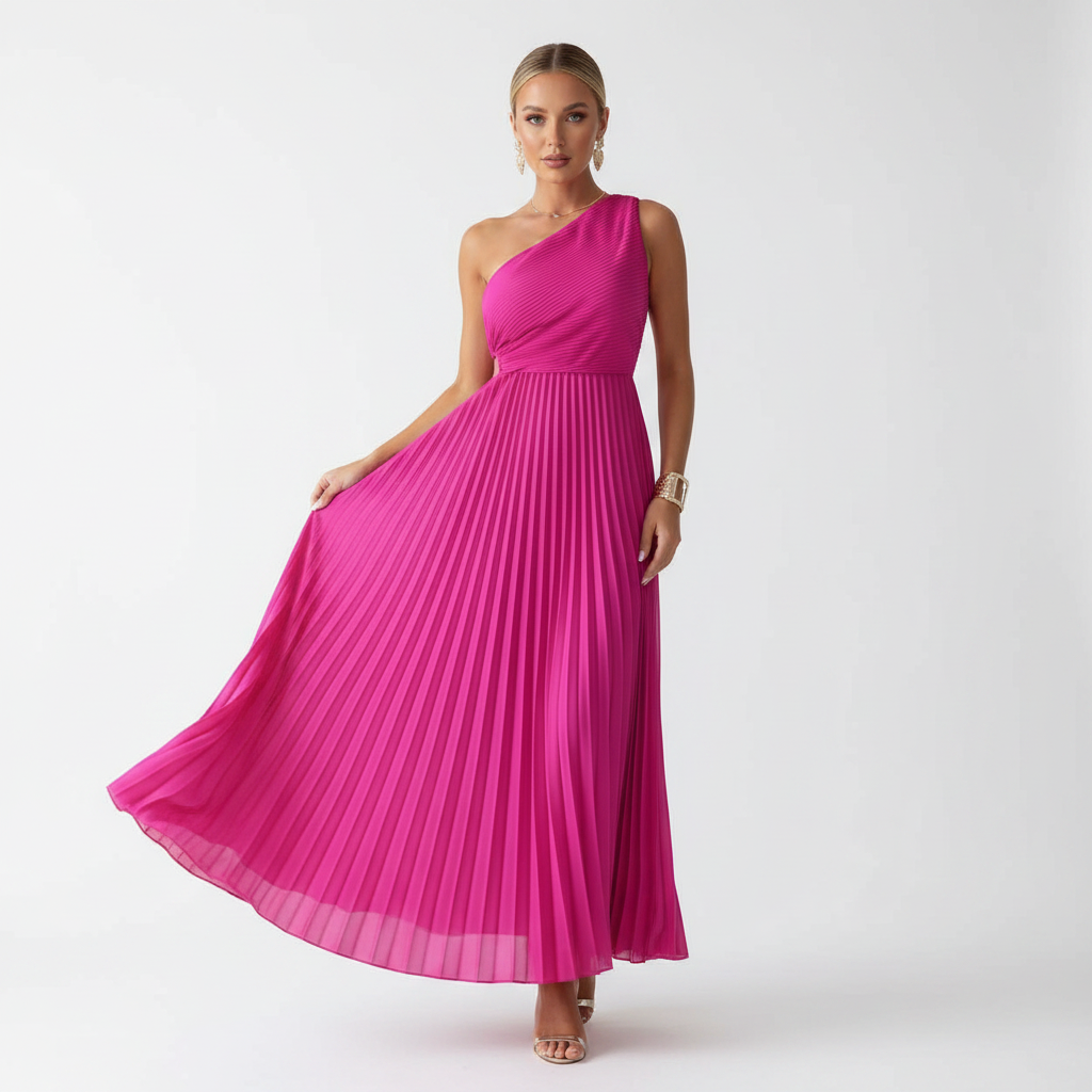 Ava | Women's One Shoulder Dress With Pleated Skirt And Side Slit | Elegant