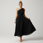 Ava | Women's One Shoulder Dress With Pleated Skirt And Side Slit | Elegant
