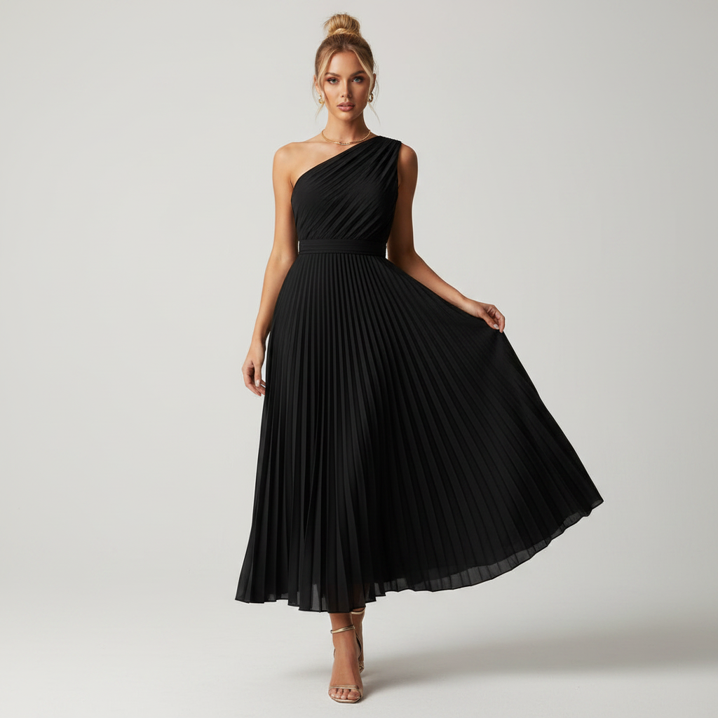 Ava | Women's One Shoulder Dress With Pleated Skirt And Side Slit | Elegant