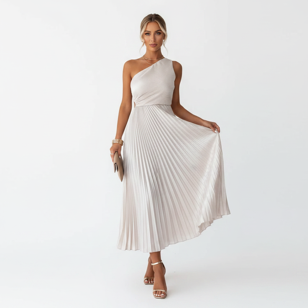 Ava | Women's One Shoulder Dress With Pleated Skirt And Side Slit | Elegant