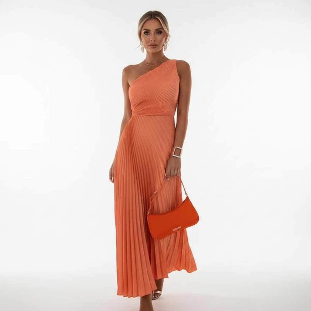 Ava | Women's One Shoulder Dress With Pleated Skirt And Side Slit | Elegant